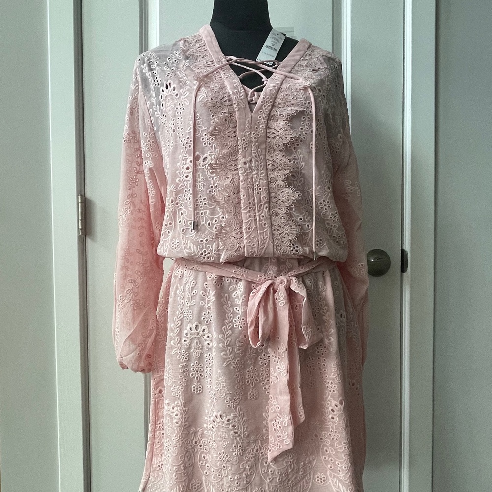 WHBM LS Lace Up Eyelet Dress